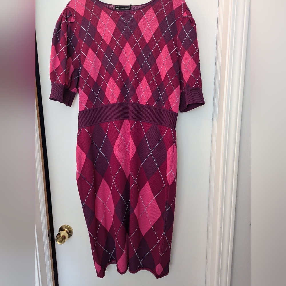 New York & Company Pink and Purple Argyle Midi Dress